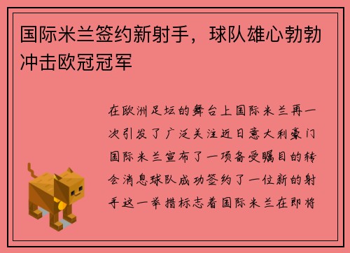国际米兰签约新射手，球队雄心勃勃冲击欧冠冠军